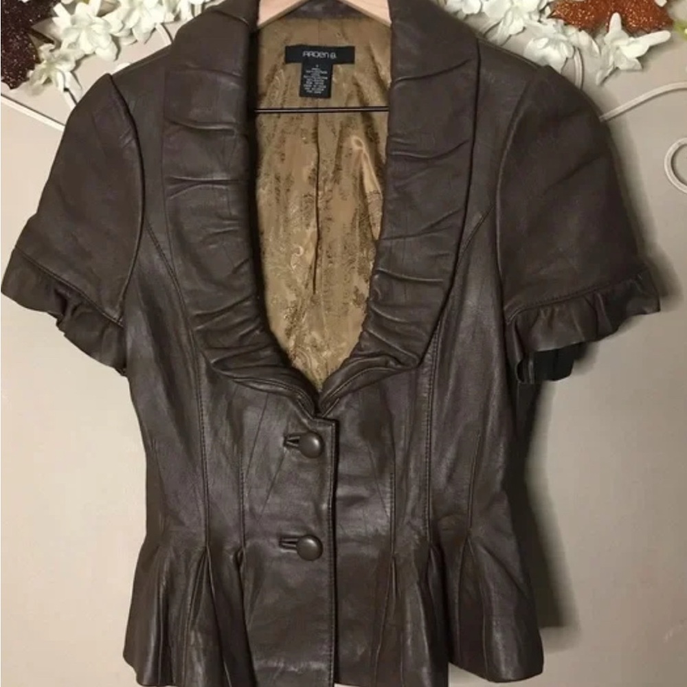 Arden B Brown Vintage Leather Fitted Waist Blazer Top with Ruffled Collar. - Picture 2 of 16